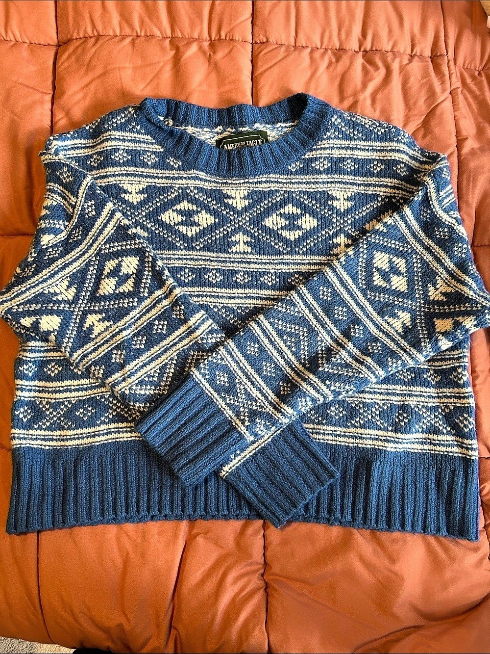 VTG American Eagle Women's Geometric Knit Sweater Blue & Cream Medium